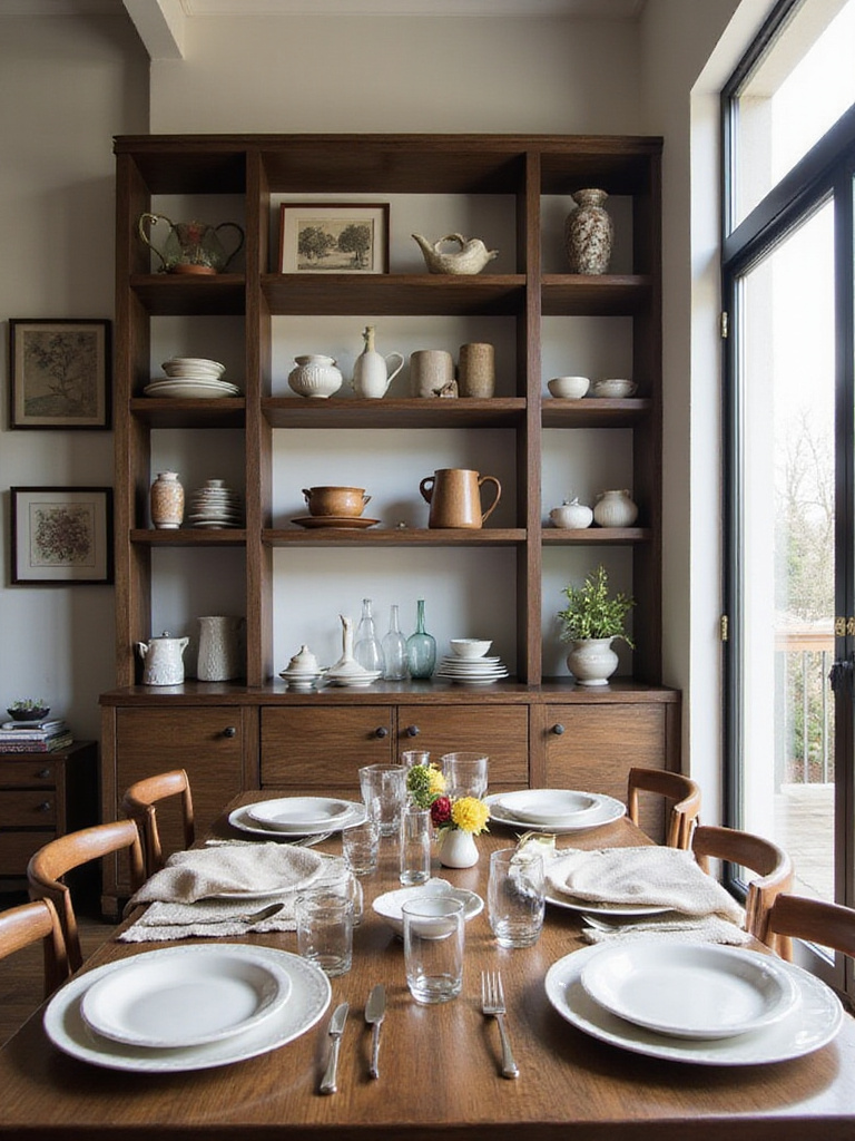 Dining room with open shelving displaying curated collections of ceramics and glassware.