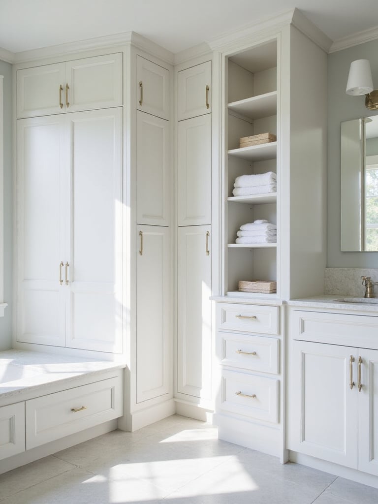 Modern bathroom featuring extensive custom built-in cabinetry in a light color, maximizing wall space with integrated storage solutions including drawers, shelves, and cabinets.
