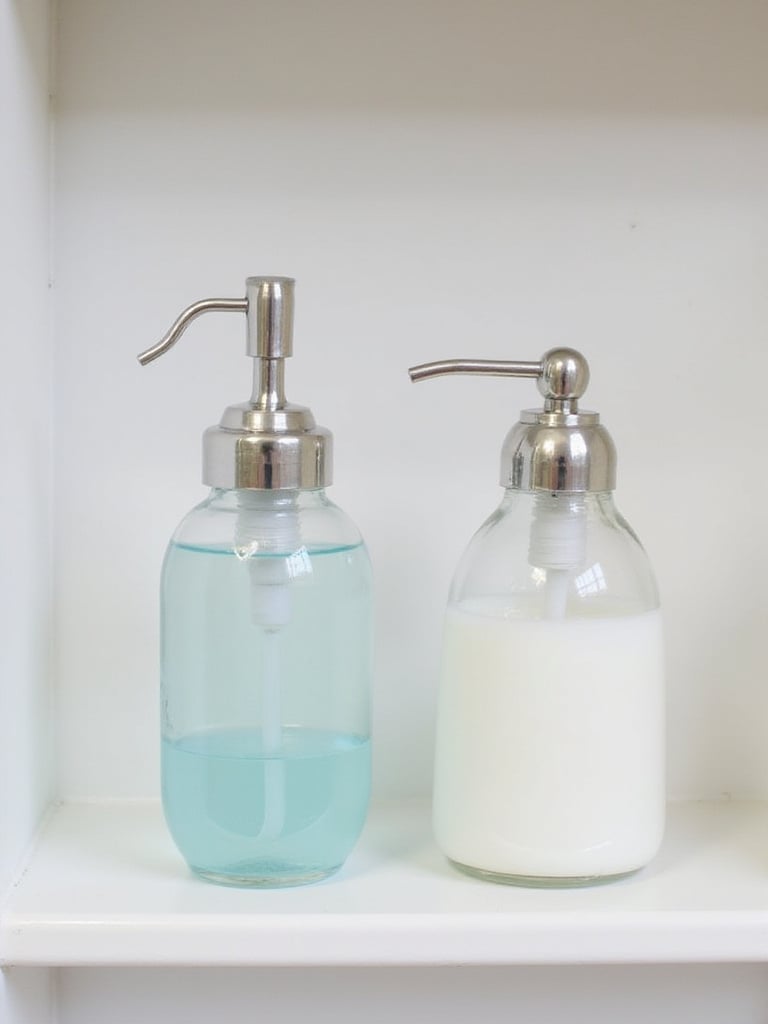 Stylish glass dispensers for liquid detergent and fabric softener, promoting cleanliness and a coordinated look in the laundry room.