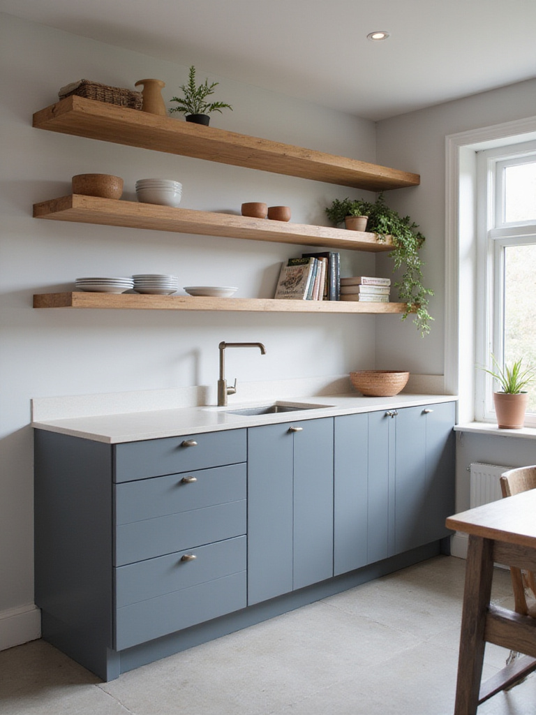 Modern kitchen design showcasing a mix of closed base cabinets in grey and open wooden shelves above, displaying dishes and decor.