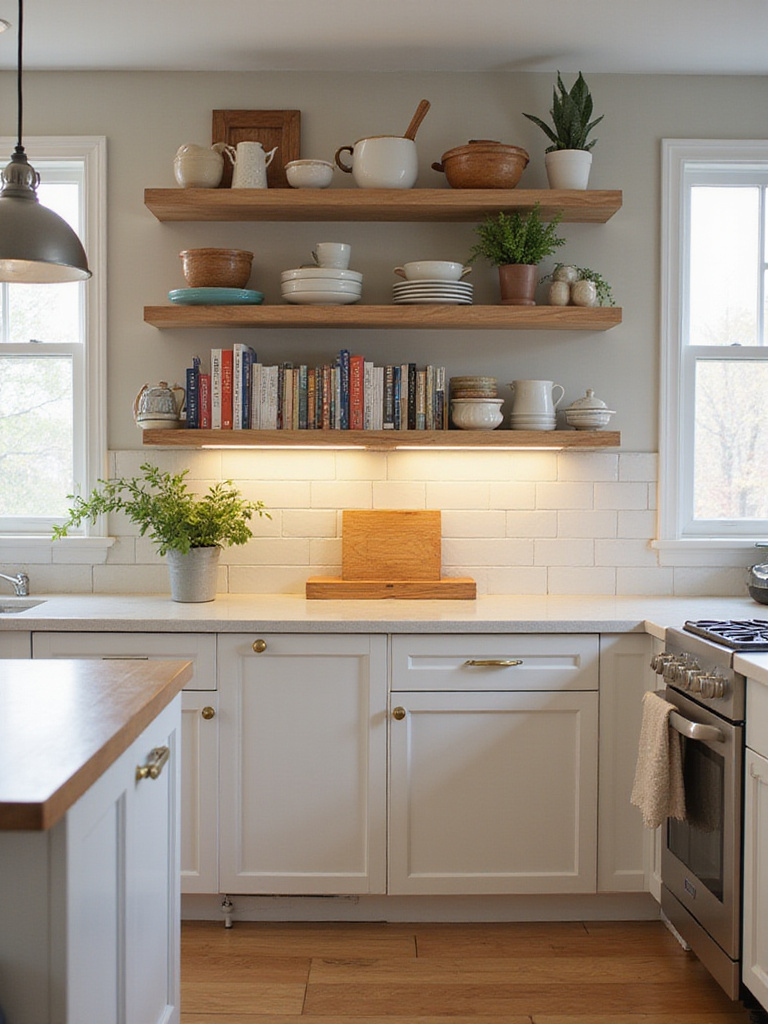 Modern kitchen with a combination of open shelving and closed cabinets.