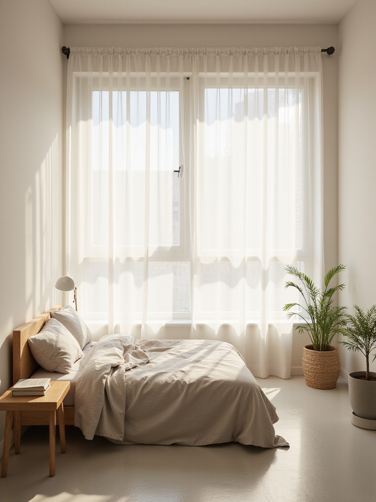 A serene, minimalist apartment bedroom bathed in natural light, showcasing the peaceful atmosphere created by ruthless decluttering.