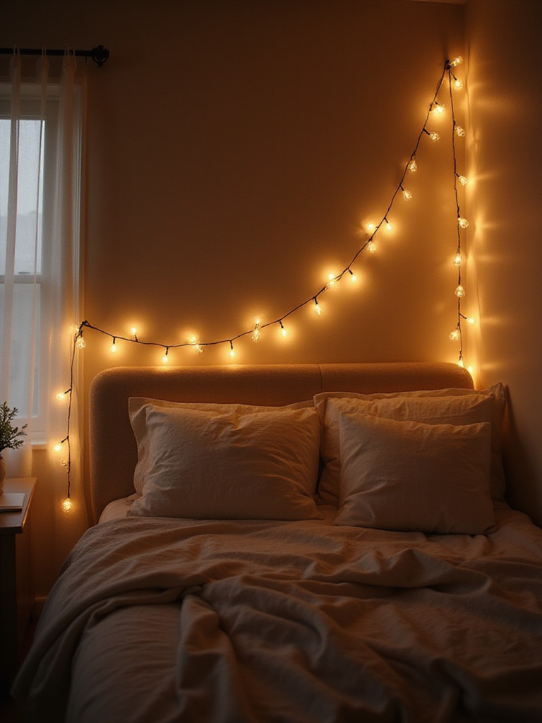 Bedroom with decorative string lights illuminating headboard and window.