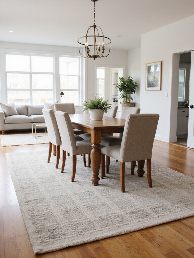 Dining room with wooden table and upholstered chairs on a large area rug, defining the dining space.