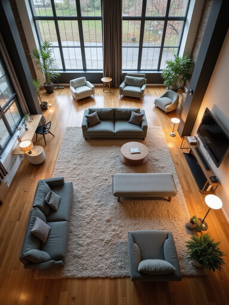 Modern living room interior showcasing distinct functional zones defined by furniture arrangement, area rugs, and varied lighting.