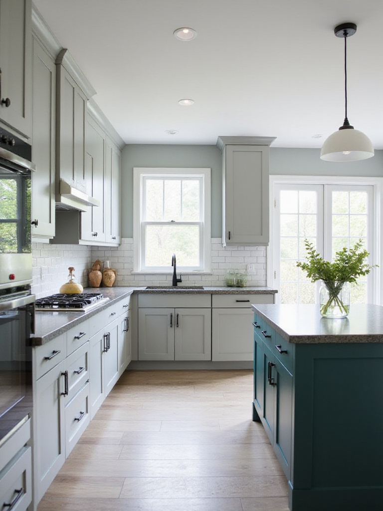 Modern kitchen interior with light gray cabinets, dark gray countertops, and a teal kitchen island showcasing a carefully chosen color palette.