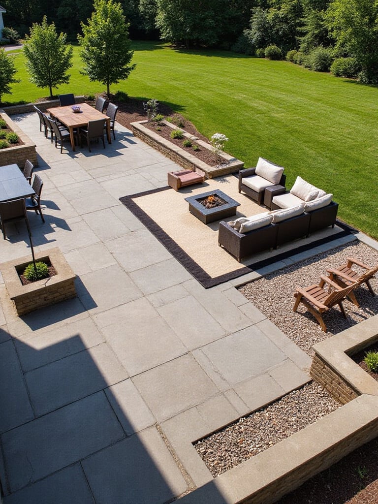 A modern patio with distinct zones for dining, lounging, and a fire pit, defined by furniture arrangement, flooring changes, and rugs.
