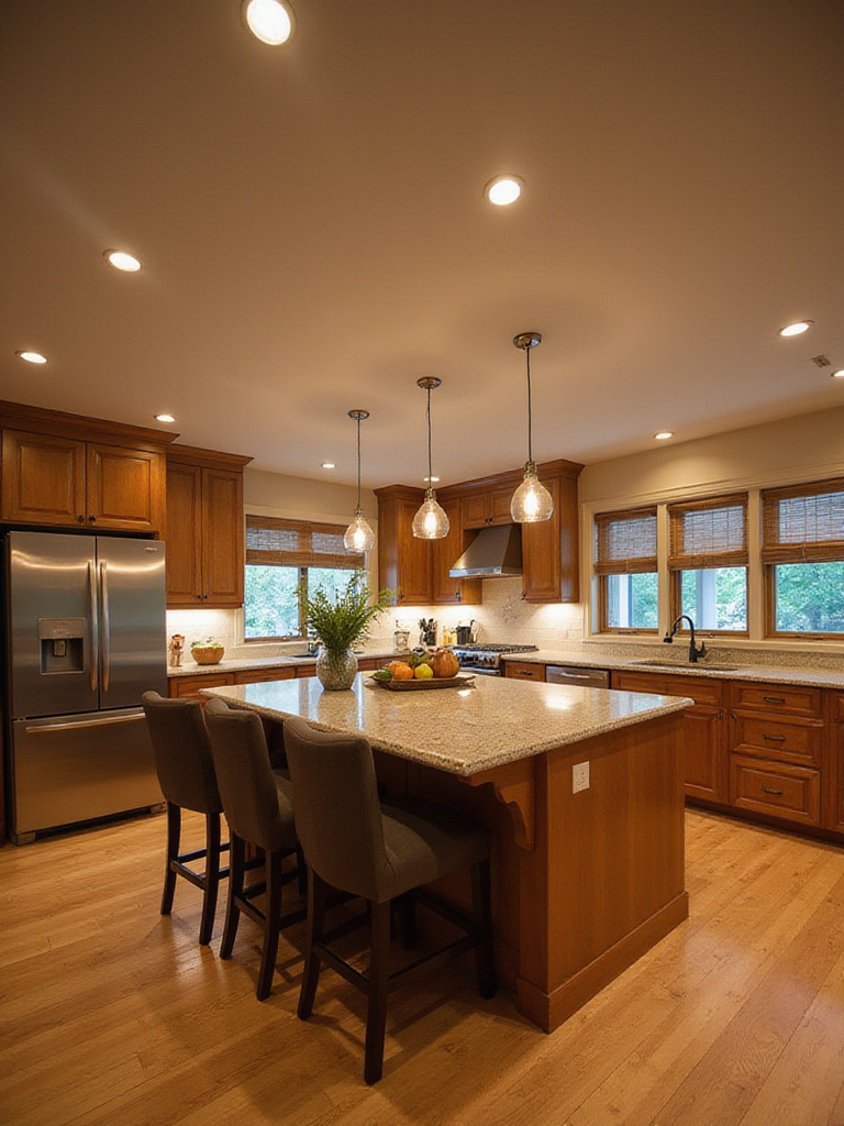 A modern kitchen with layered lighting including task, ambient, and accent lights.