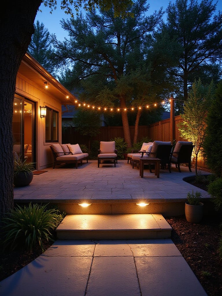 A beautifully lit patio at dusk with warm path lights, overhead string lights, and uplighting on trees and walls, creating a safe and inviting outdoor living space.