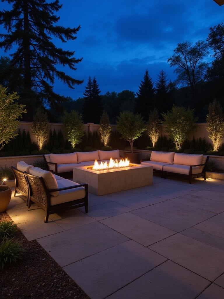 A modern patio at dusk with a rectangular concrete fire pit surrounded by comfortable outdoor seating, creating a cozy gathering space.