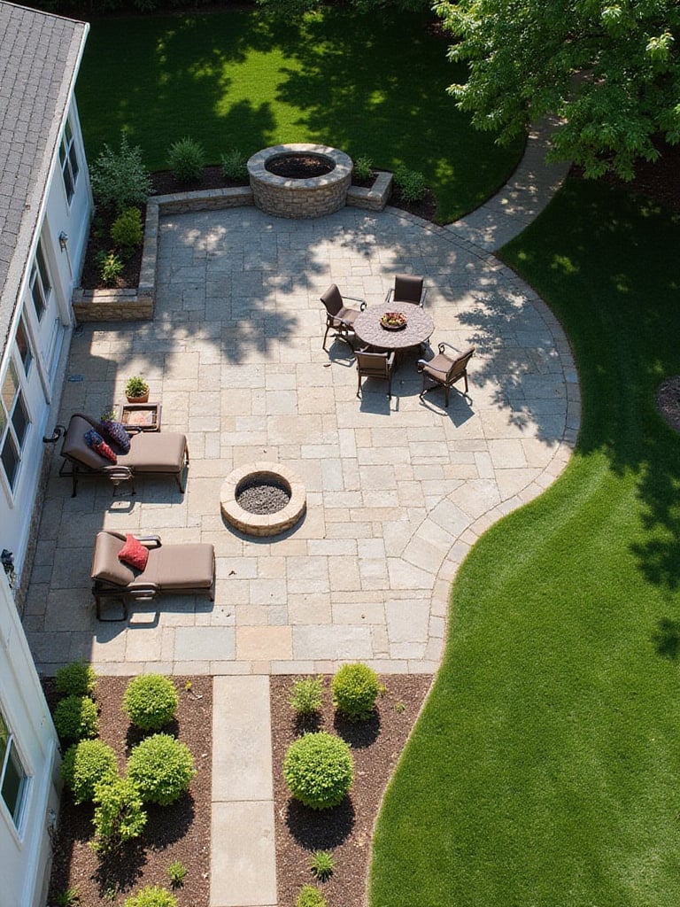 Overhead view of a spacious backyard patio showcasing different shapes and zones for dining and lounging, integrated into a landscaped garden.