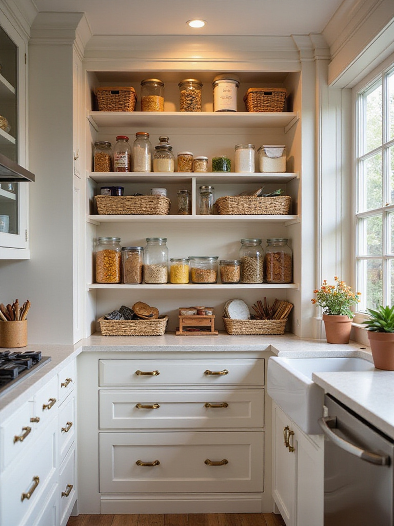 An image showing a beautifully organized kitchen pantry with clear containers, labeled shelves, and pull-out drawers, demonstrating efficient food storage design.