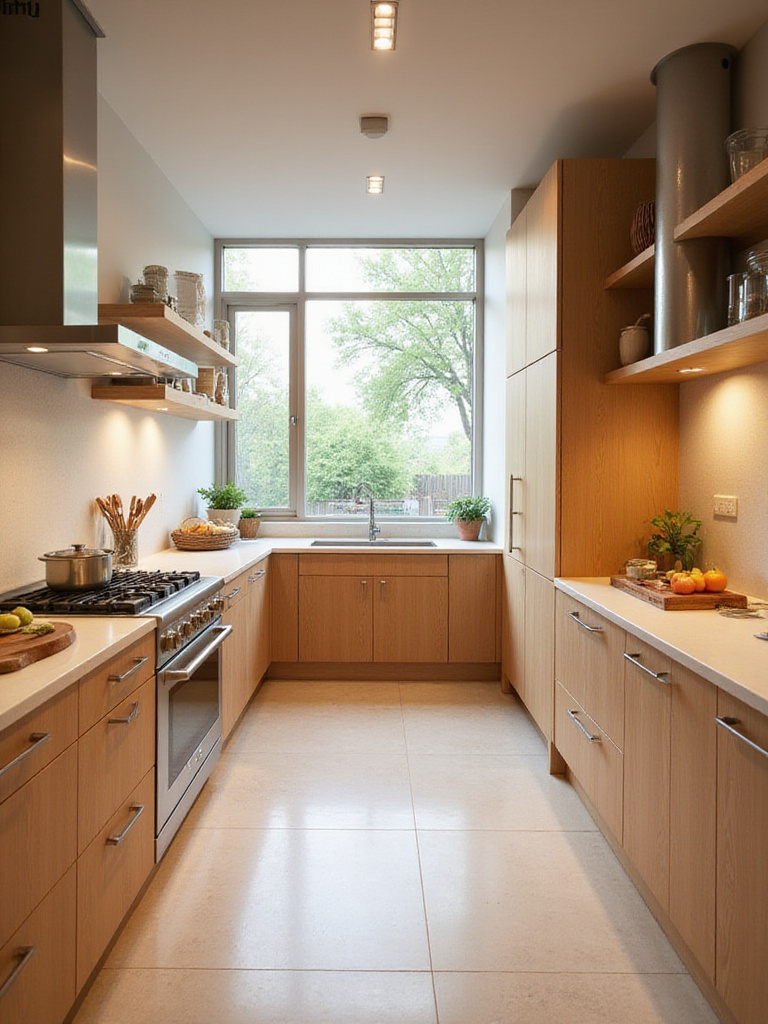 Modern kitchen designed for comfort and ergonomics, featuring varied counter heights, pull-out drawers, a waist-height wall oven, and ample task lighting.