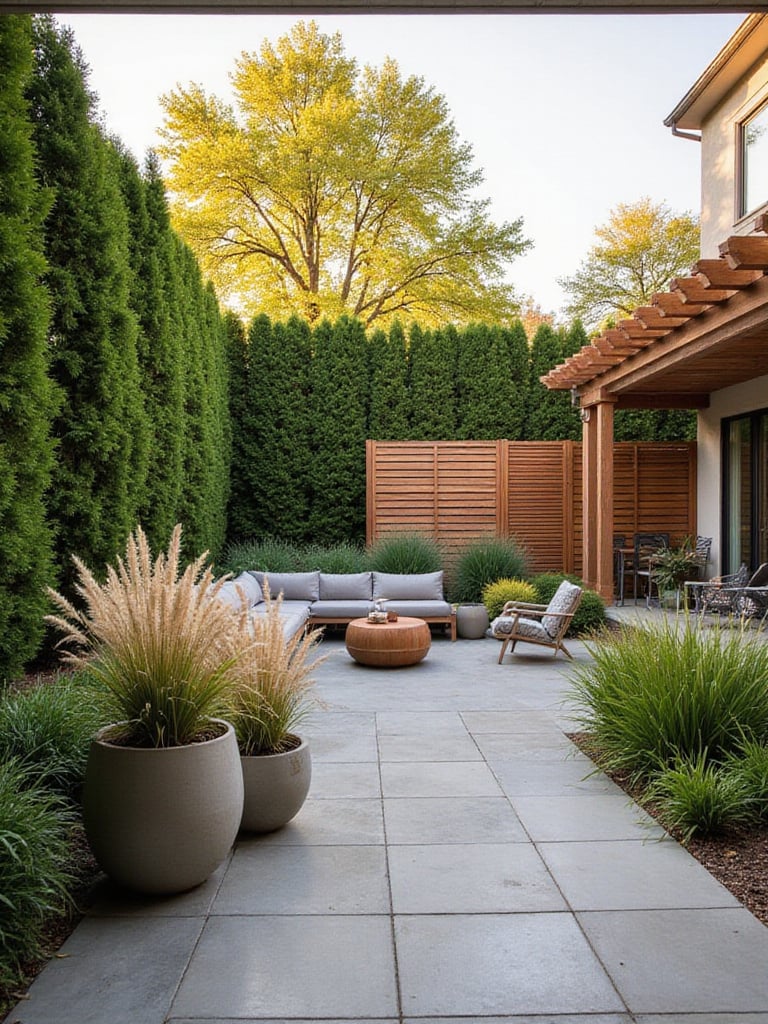 Patio designed for enhanced privacy using a combination of lush green hedges, modern slatted wooden screens, and tall potted grasses, creating a secluded and inviting outdoor living area.