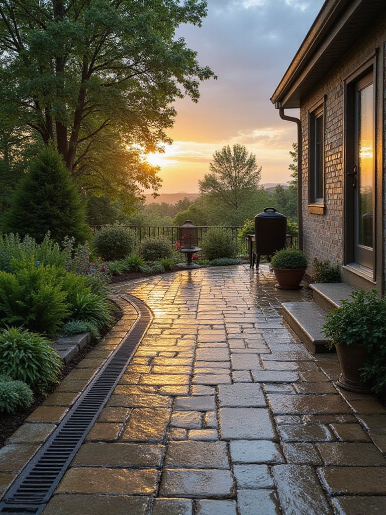 Outdoor paver patio designed with a visible slope and channel drain to ensure proper water drainage away from the house foundation.