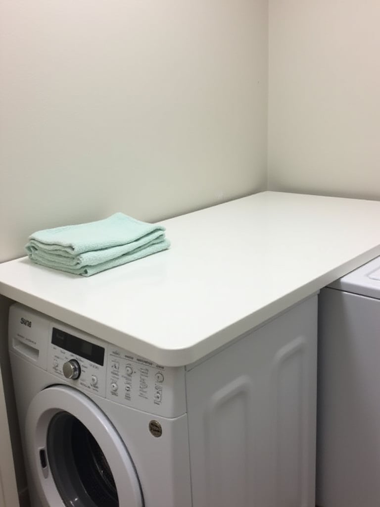 A practical, clear countertop surface above laundry appliances, providing a designated and convenient area for folding clothes.