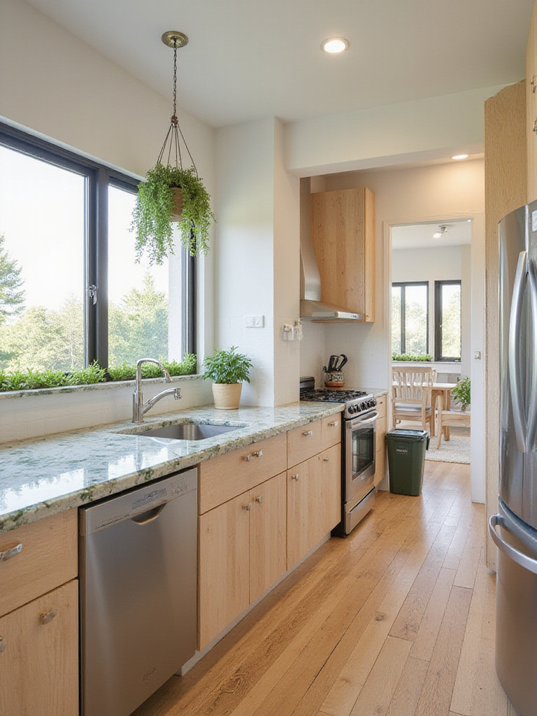 Eco-friendly modern kitchen with reclaimed wood cabinets and recycled glass countertops.
