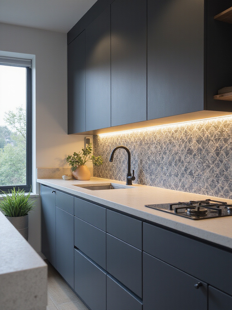 Modern kitchen with a geometric patterned blue and grey tile backsplash.