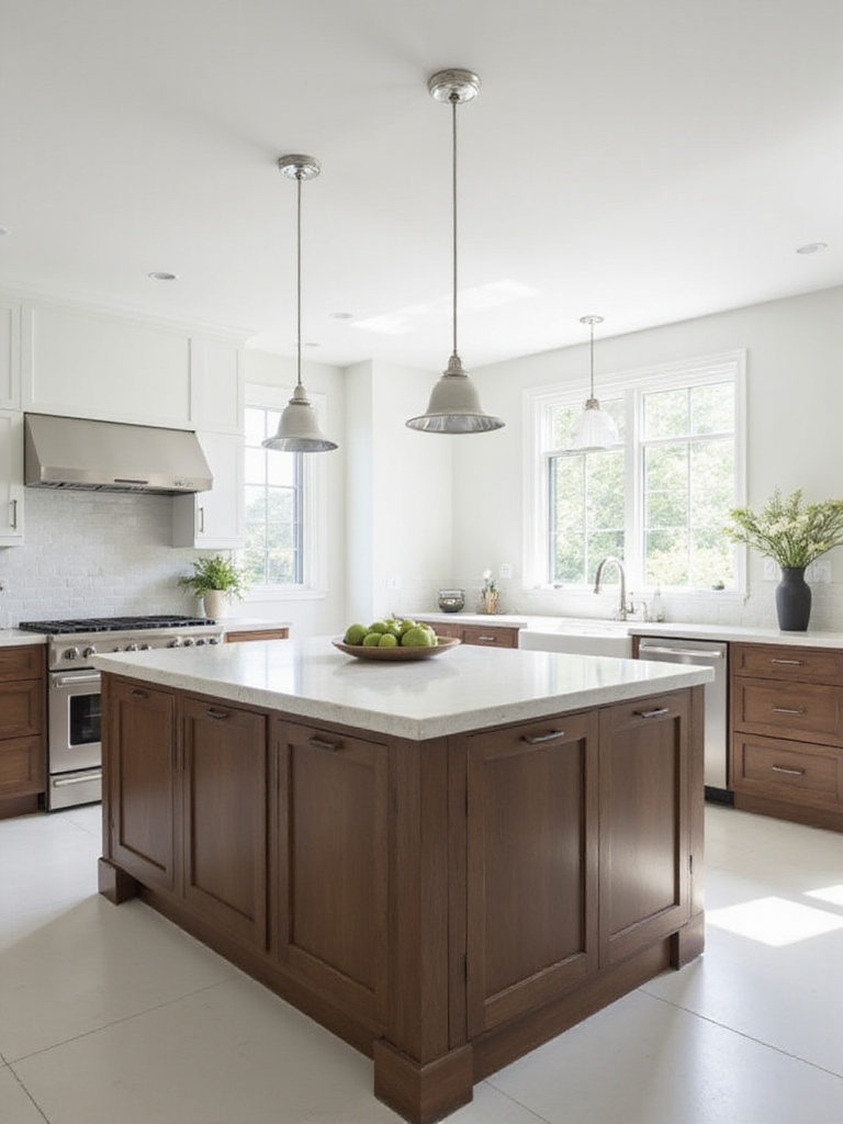 Modern kitchen island with waterfall countertop and pendant lighting