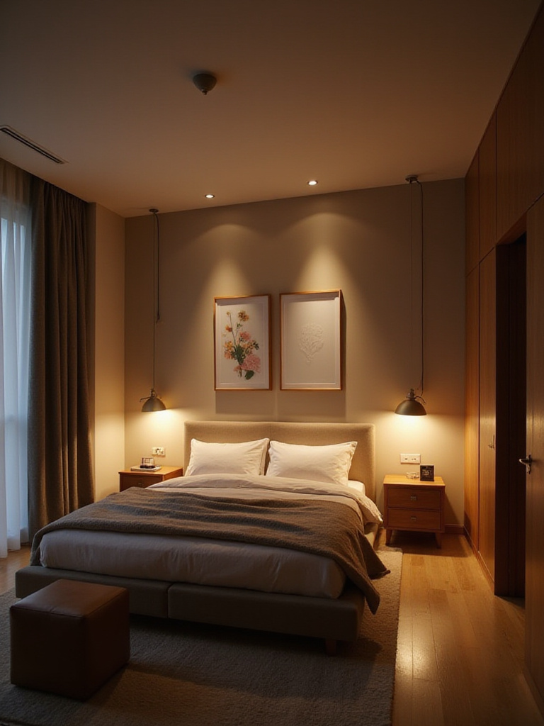 Bedroom with soft, adjustable lighting from dimmer switches on overhead lights and bedside lamps, creating a relaxing ambiance.