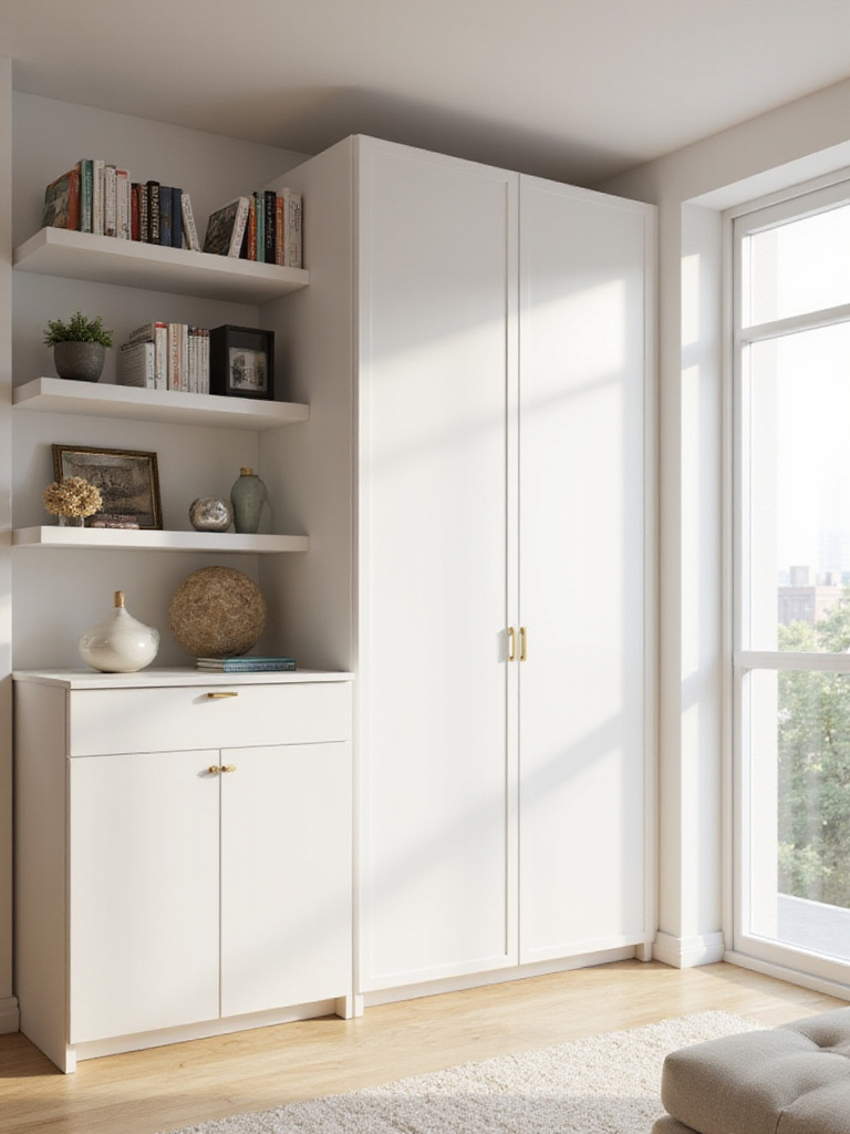 Modern studio apartment with a stylish white wall unit featuring shelving and a closed Murphy bed cabinet.