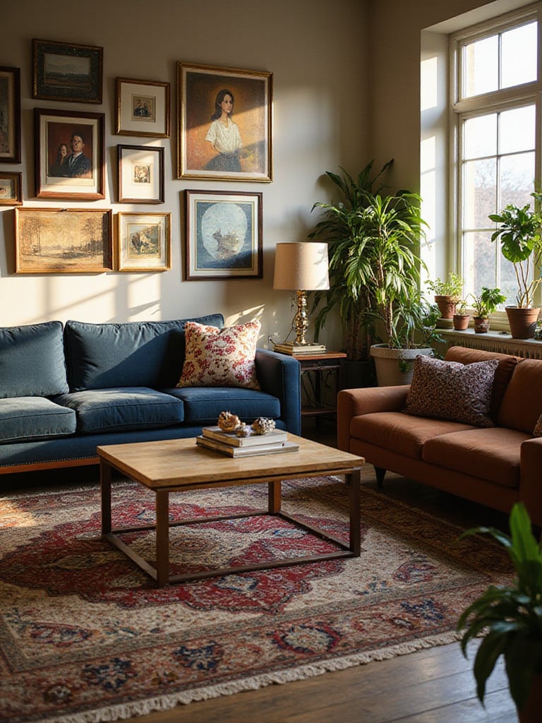 Personalized living room interior showcasing a unique signature style with mixed furniture, layered rugs, a gallery wall, and plants under warm natural light.