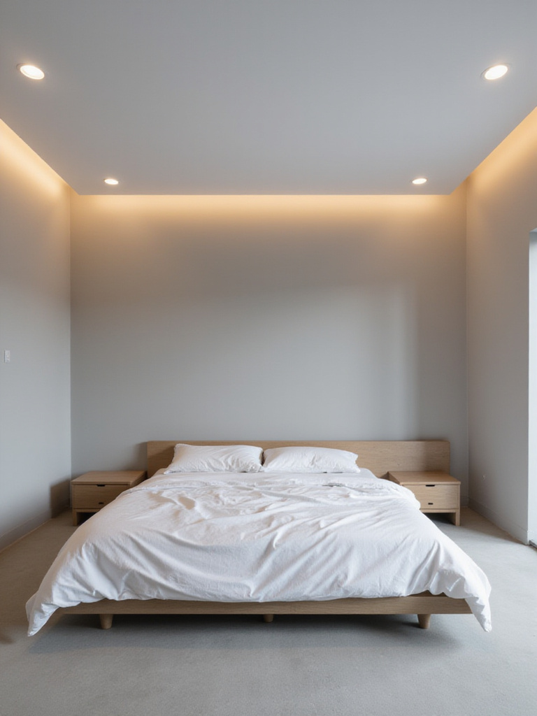 Modern bedroom with discreet recessed ceiling lights providing soft ambient illumination