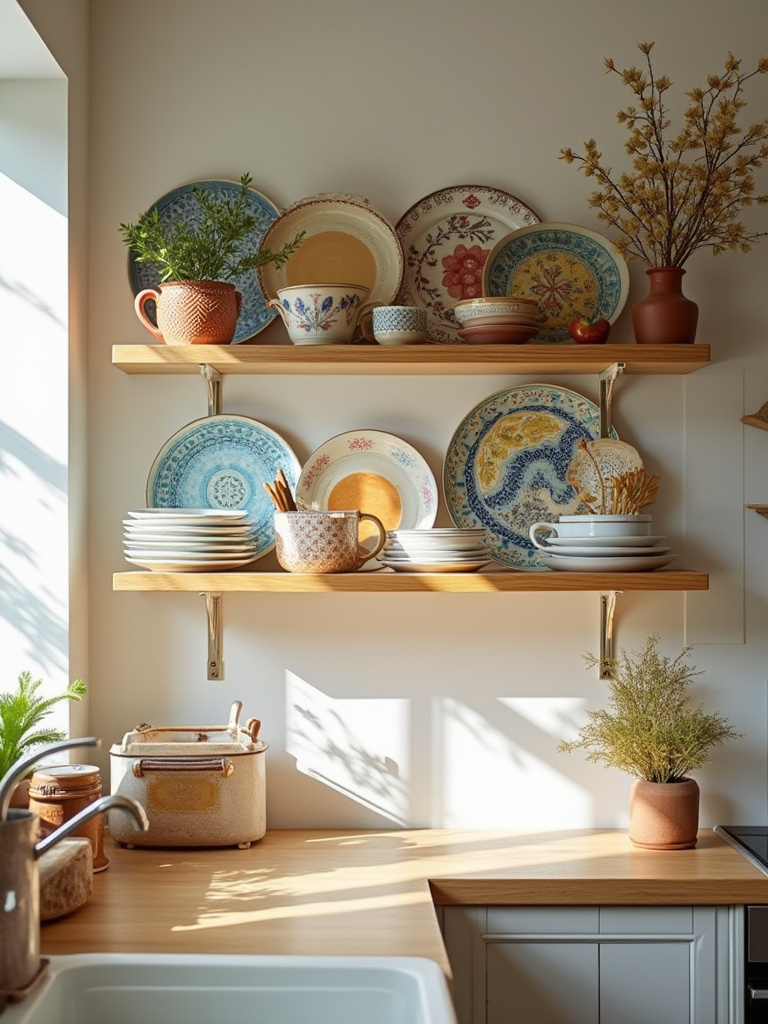 Open shelving and wall display racks in a modern apartment kitchen showcasing a collection of unique, colorful ceramic plates and mugs.