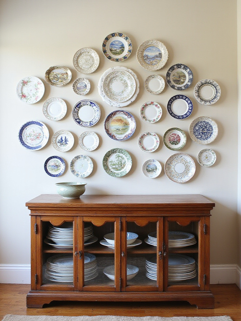 Dining room wall decorated with a gallery display of hung decorative plates above a buffet cabinet showcasing antique china and serveware.
