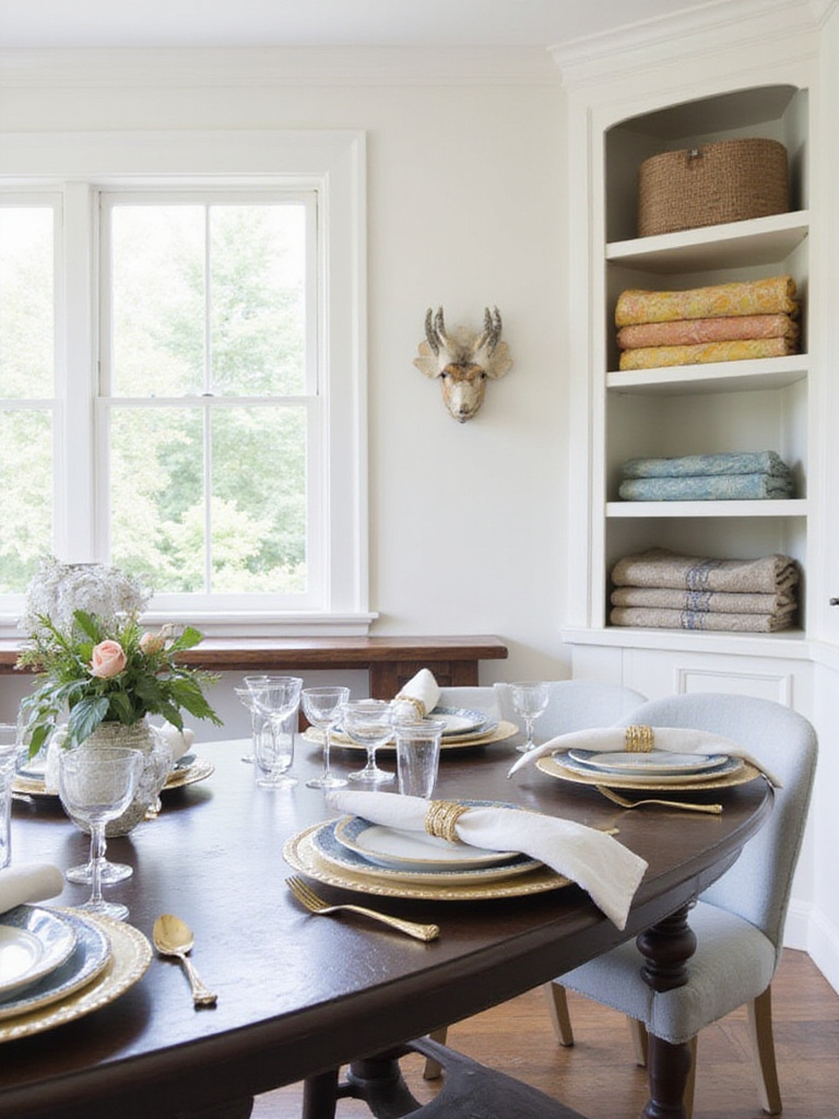 Dining room with console table showcasing fine china, glassware, and linens on a tablescape display.