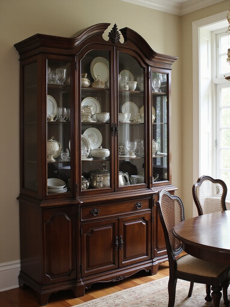 Dining room with antique china cabinet displaying porcelain and glassware