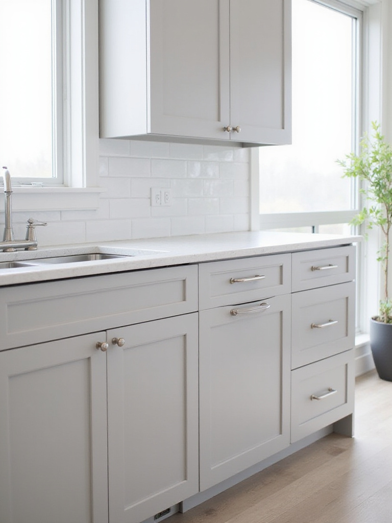 Close-up view of brushed nickel bar pulls on grey shaker kitchen cabinet drawers and matching knobs on upper doors.