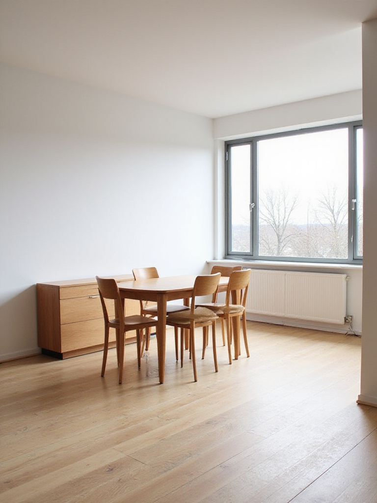 A spacious and well-arranged modern dining room with a wooden table and chairs, showing ample clearance around the furniture to avoid overcrowding.
