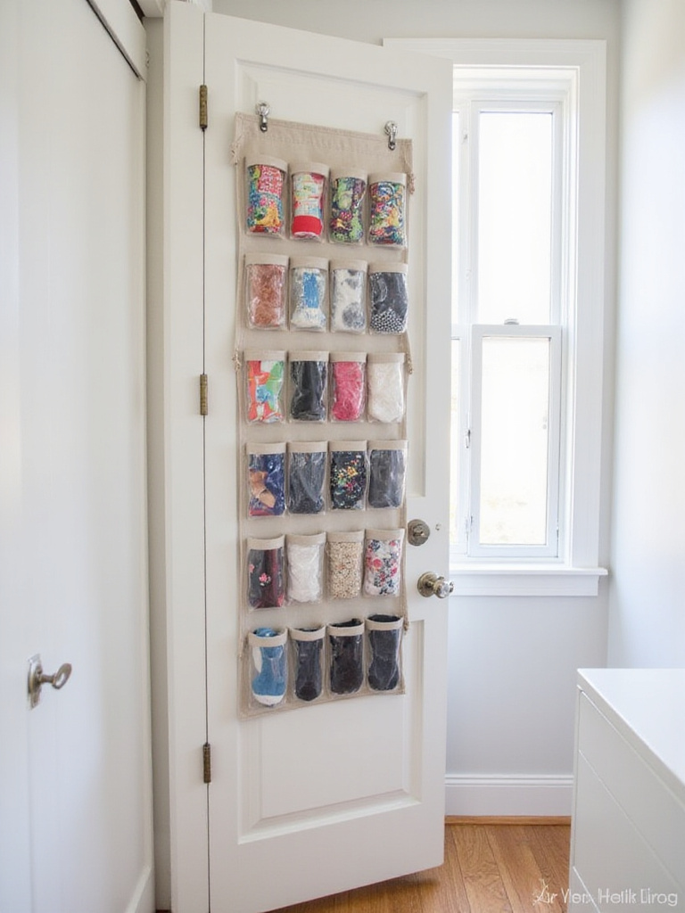 Over-the-door organizer with socks and accessories maximizing space in a small bedroom.