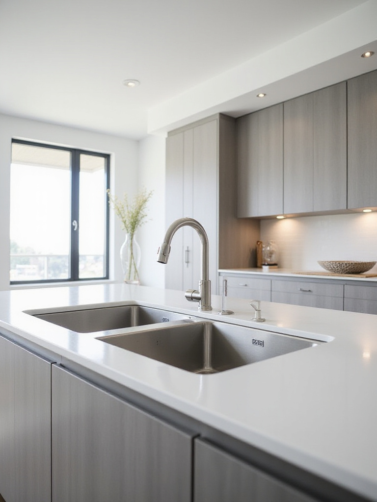 Undermount equal double bowl stainless steel sink in a modern kitchen with white quartz countertops.