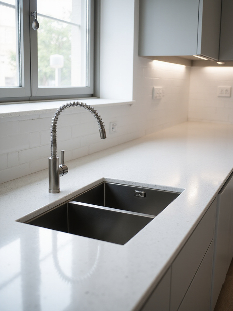 Modern kitchen sink featuring an unequal double bowl design in stainless steel, set into a light quartz countertop, illustrating efficient task separation.