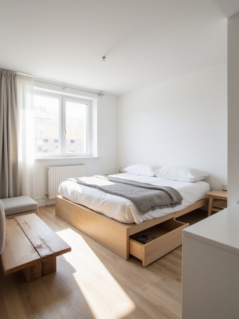 Small bedroom featuring a bed with drawers and a lift-top coffee table, showcasing multi-functional furniture.