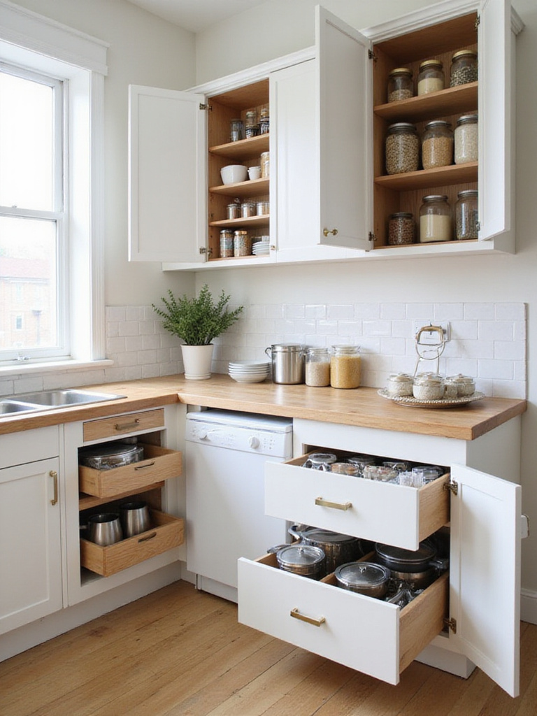Interior view of a well-organized apartment kitchen with open drawers and cabinets showing smart storage solutions like drawer dividers, tiered shelves, and clear food containers.