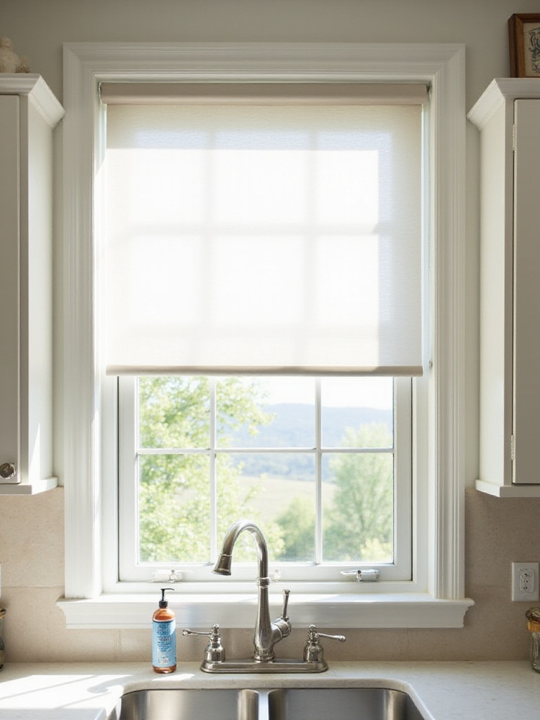 A bright kitchen with a large window above the sink, featuring a functional and stylish window treatment like a white blind or roller shade.
