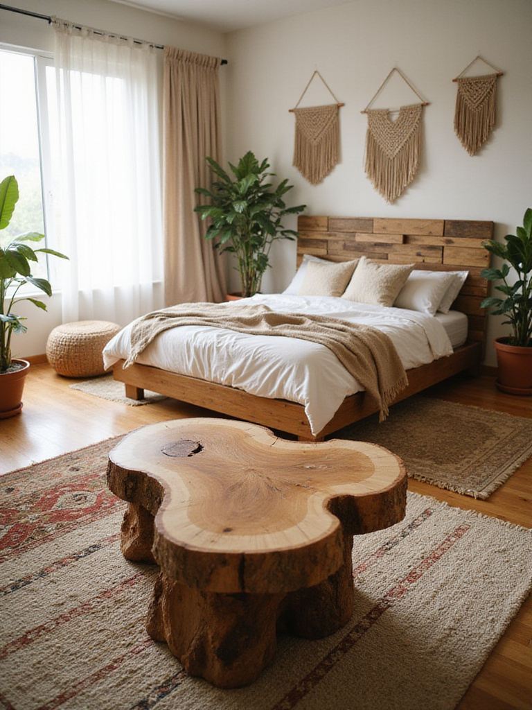 A boho bedroom featuring a live-edge wood coffee table, a rustic wood plank headboard, layered rugs, and plants, bathed in soft natural light.