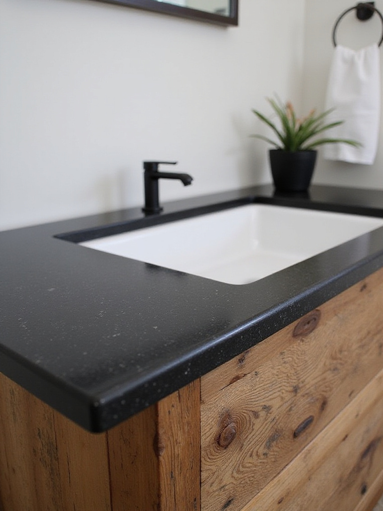 Farmhouse vanity with a reclaimed wood base and a contrasting honed black granite countertop with a white undermount sink.