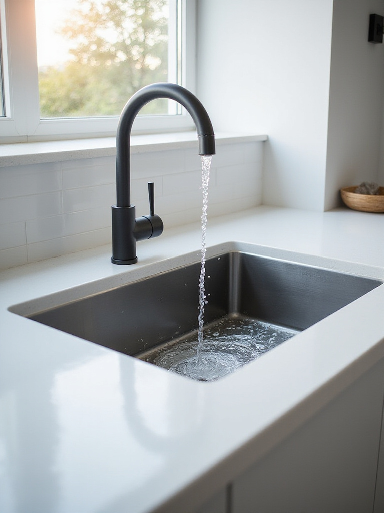 Modern kitchen sink with easy-clean features, showing a smooth, non-porous surface in stainless steel or composite material, set into a clean countertop.