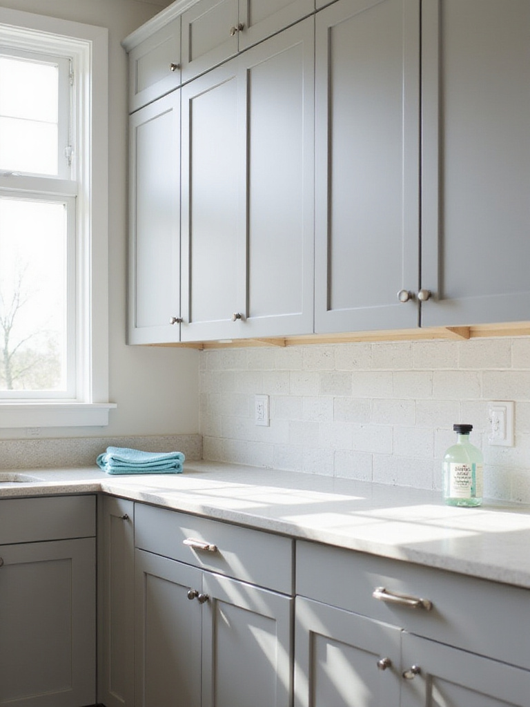 Modern kitchen with gray shaker cabinets and quartz countertops, showing cleaning supplies like a spray bottle and microfiber cloth, highlighting the ease of maintaining gray cabinets.