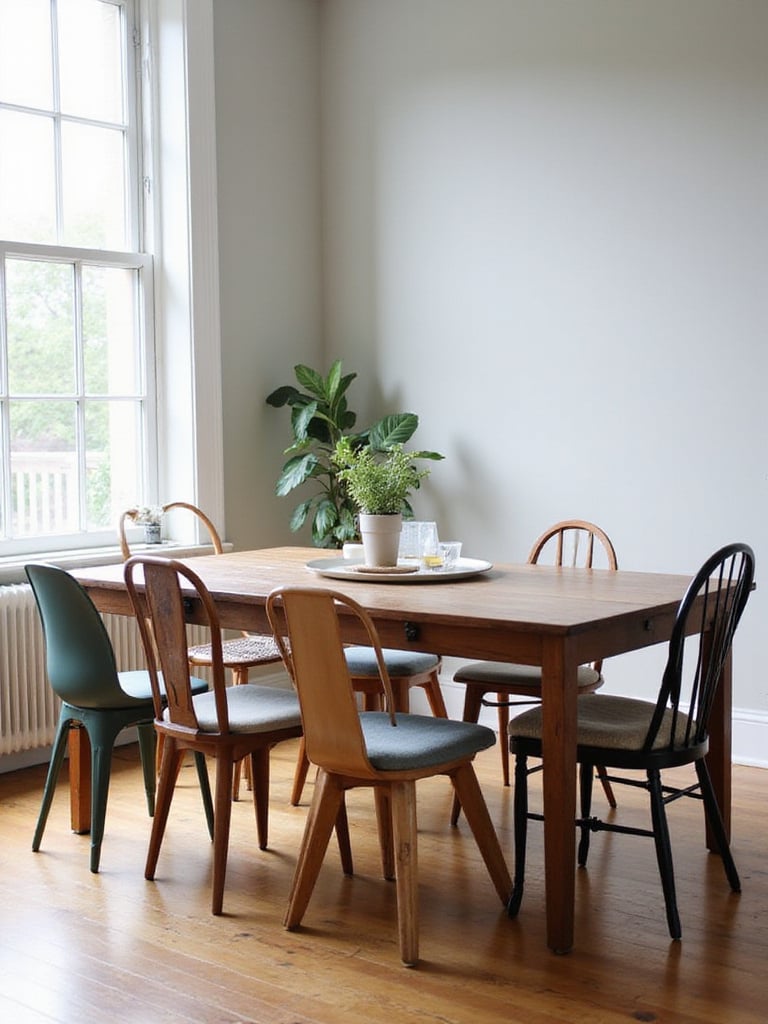 Eclectic dining room featuring a mix of different chair styles around a wooden table.