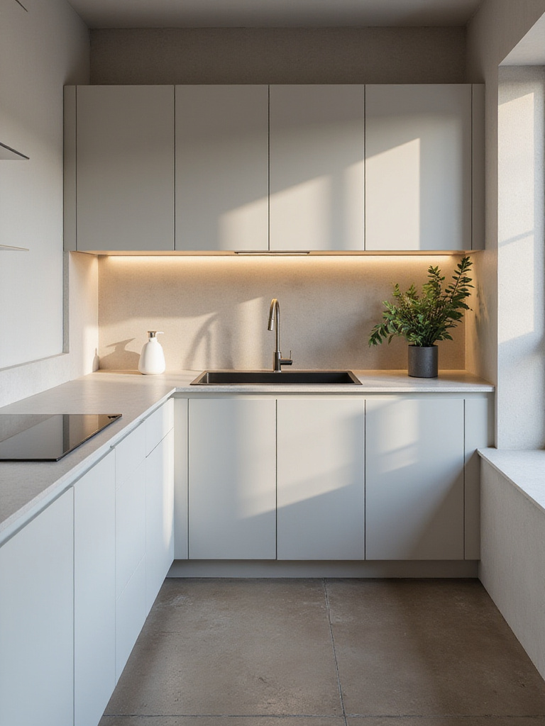 Modern small kitchen with a sleek corner sink maximizing counter space in an L-shaped layout.