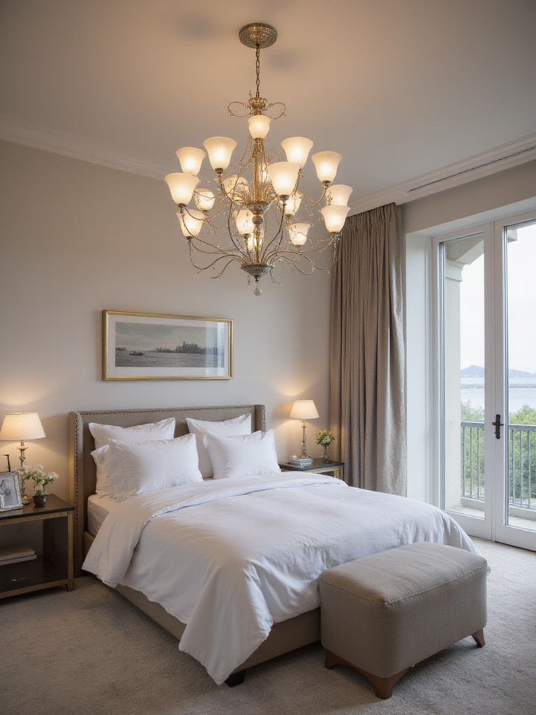 Luxurious bedroom with modern chandelier above king-sized bed