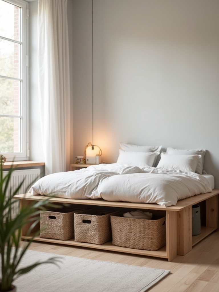 Small bedroom with elevated platform bed and woven baskets underneath for storage