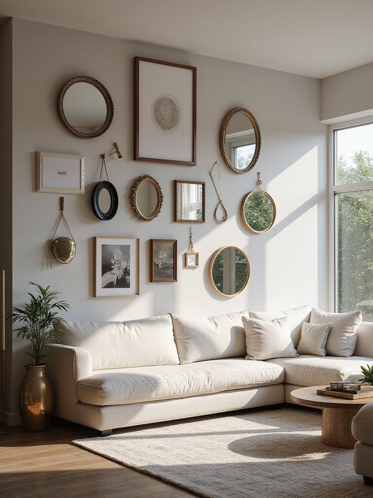 A stylish living room wall featuring a curated collection of framed art and decorative mirrors arranged to enhance the space.