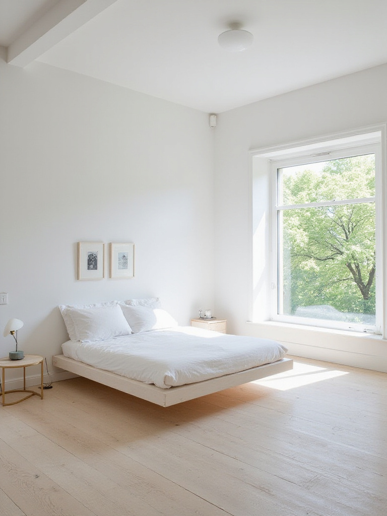 Small minimalist bedroom with white walls and simple furniture, creating a sense of spaciousness.