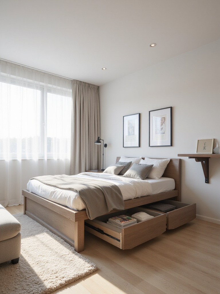 Modern apartment bedroom showcasing space-saving multi-functional furniture including a storage bed, storage ottoman, and fold-down desk.